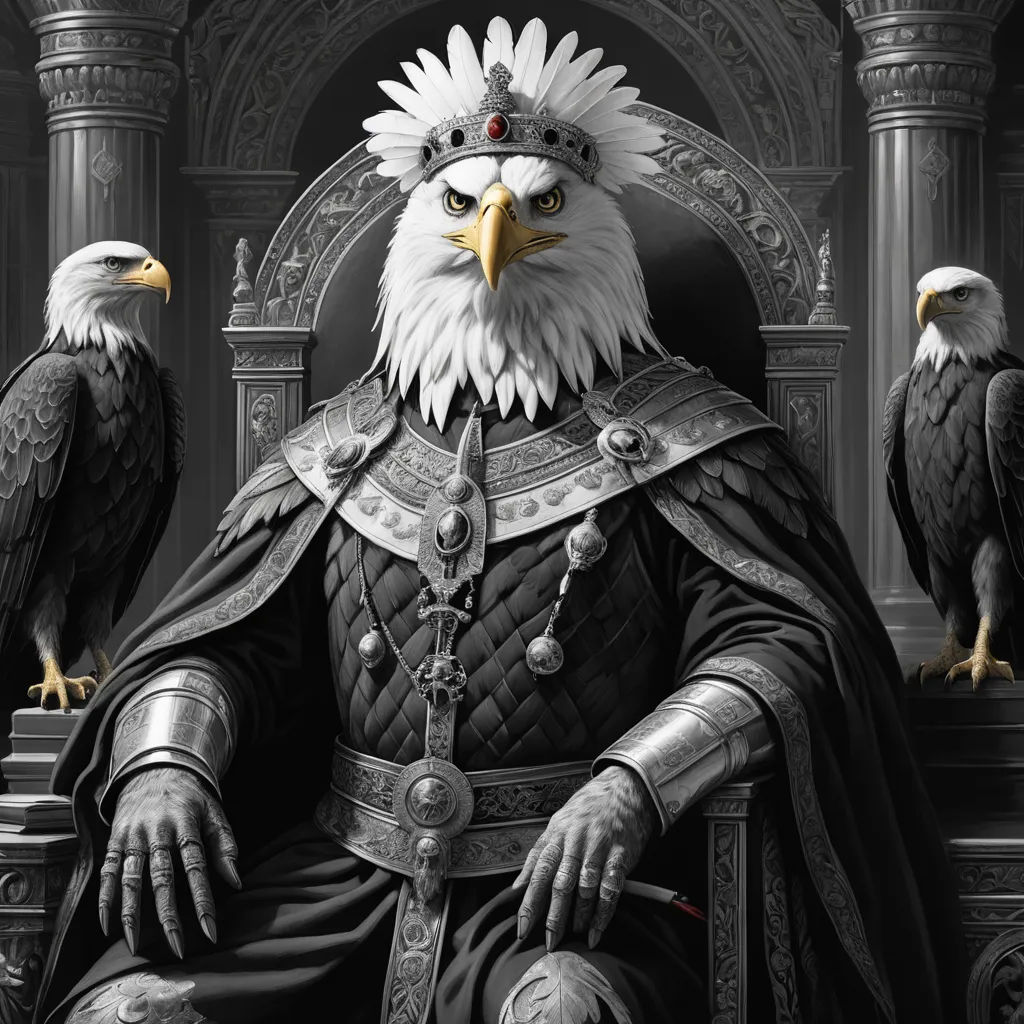 a painting of a bald eagle sitting on a throne with two bald eagles on his shoulders and a crown on his head, unilalianism, concept art, Charles Bird King, highly detailed digital art