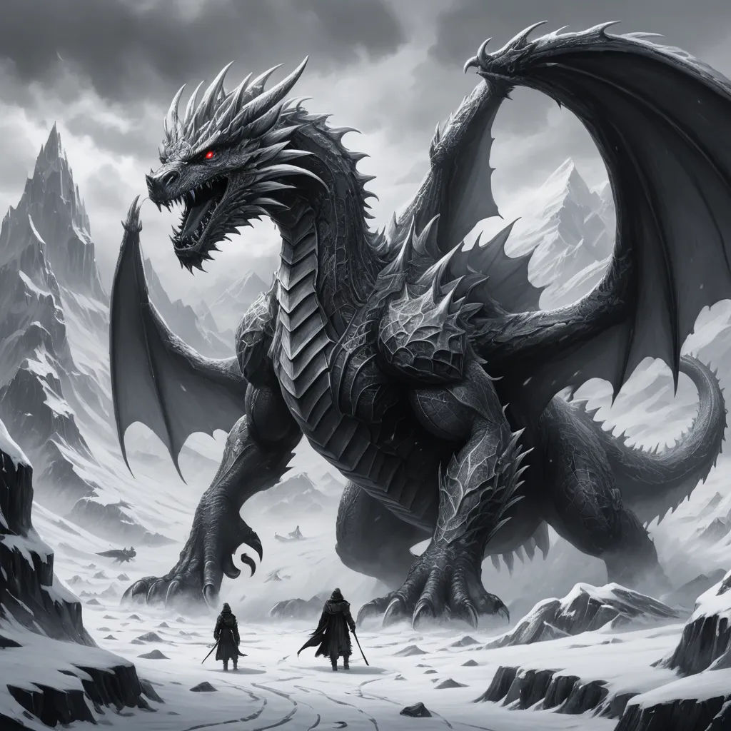 a dragon with two people walking in the snow near mountains and rocks, with a red eye on its face, fantasy art, a detailed drawing, Anne Stokes, dragon art
