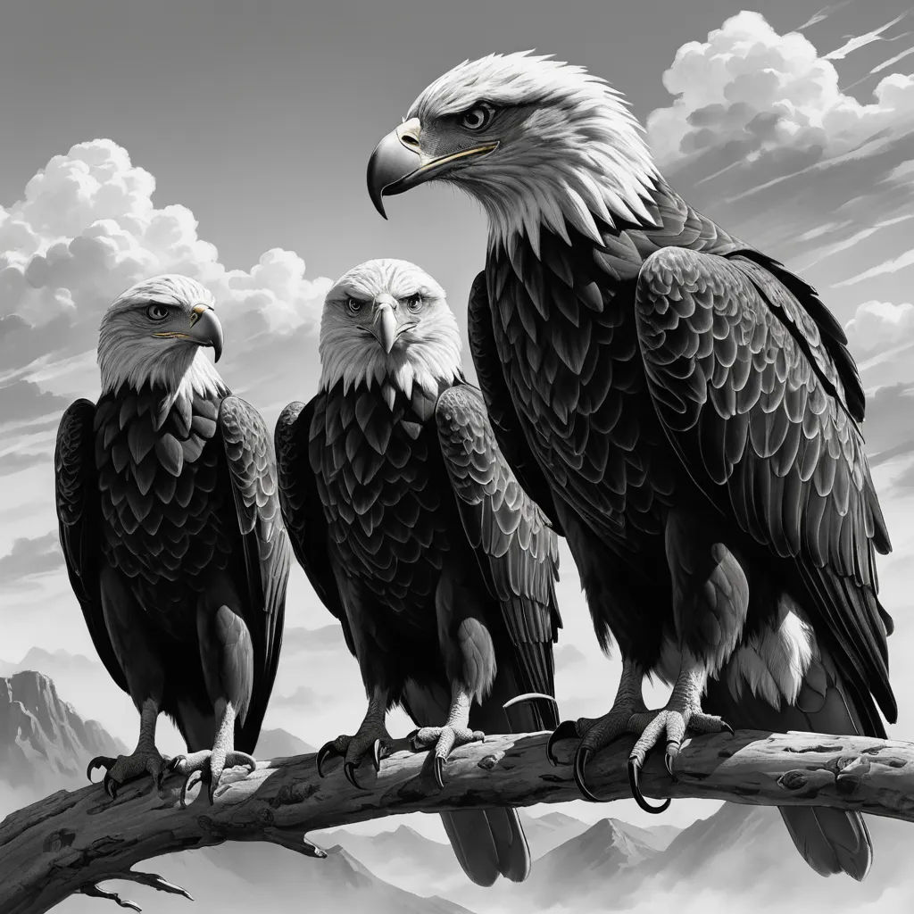 three bald eagle birds perched on a branch in a mountain range with clouds in the background and a mountain range in the background, precisionism, an ultrafine detailed painting, Anne Stokes, highly detailed digital art