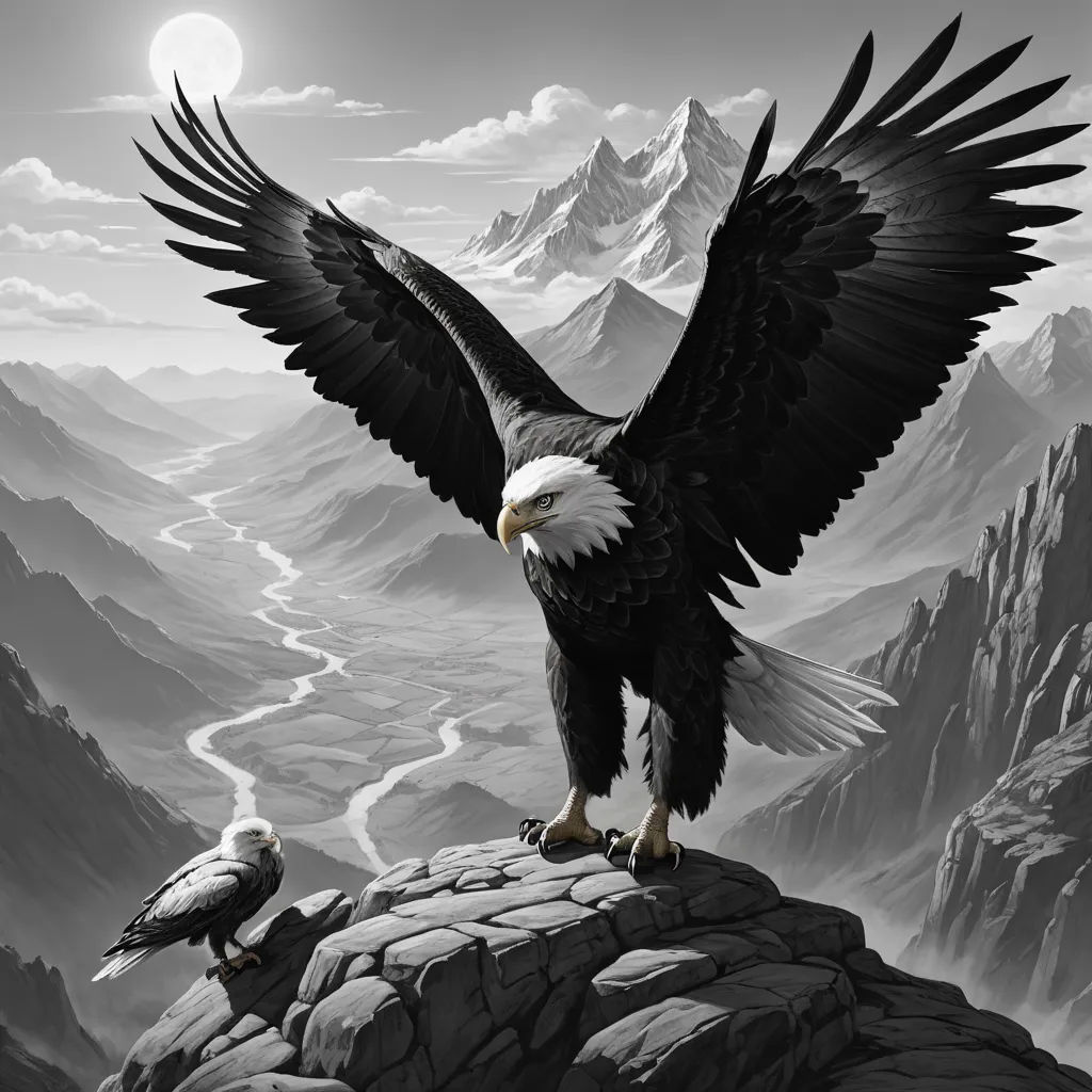 a bald eagle standing on top of a mountain next to a bird of prey on a rock with a moon in the background, gothic art, a detailed matte painting, Anne Stokes, highly detailed digital art