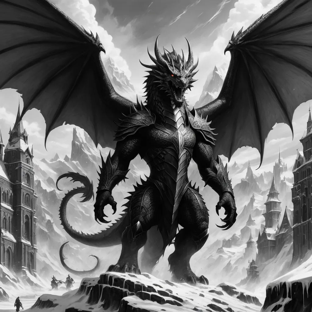 a black and white image of a dragon on a mountain with a castle in the background and a man standing on a rock, fantasy art, an ultrafine detailed painting, Anne Stokes, dragon art