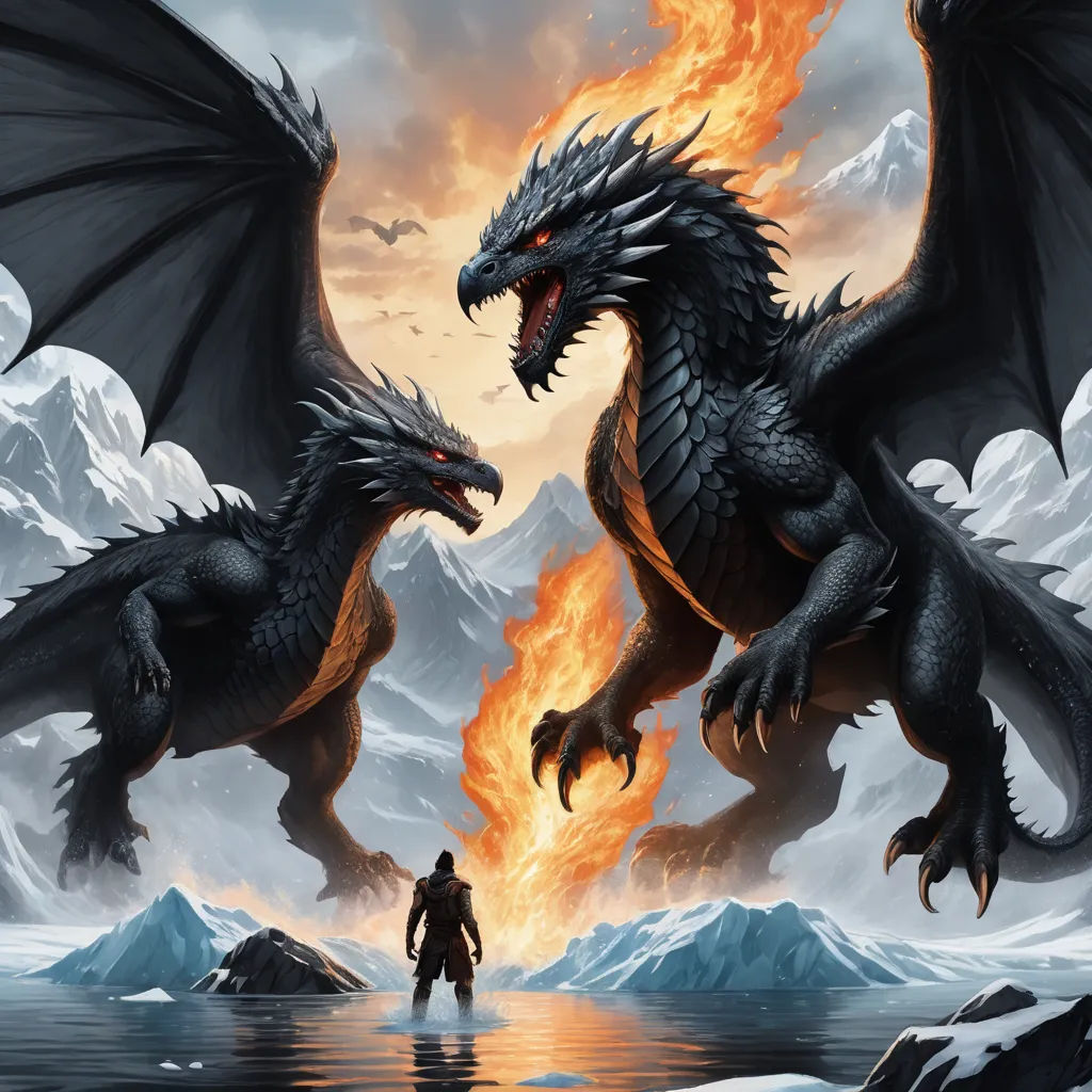 a man standing next to a dragon near a mountain range with a fire in its mouth and a fire in his mouth, fantasy art, a detailed painting, Christophe Vacher, dragon art