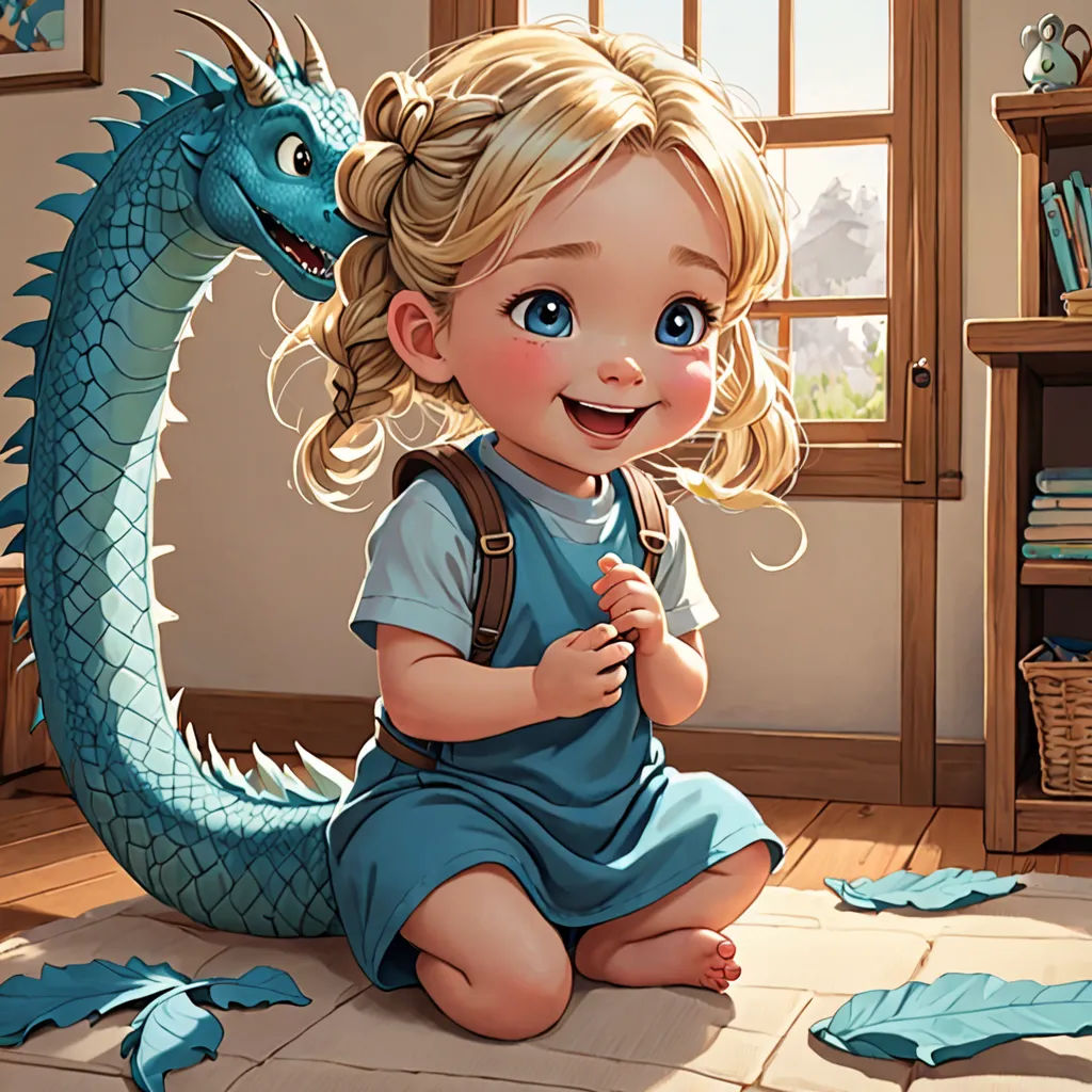 a little girl sitting on the floor next to a dragon statue in a room with a bookcase and a window, fantasy art, a storybook illustration, Clint Cearley, stanley artgerm lau
