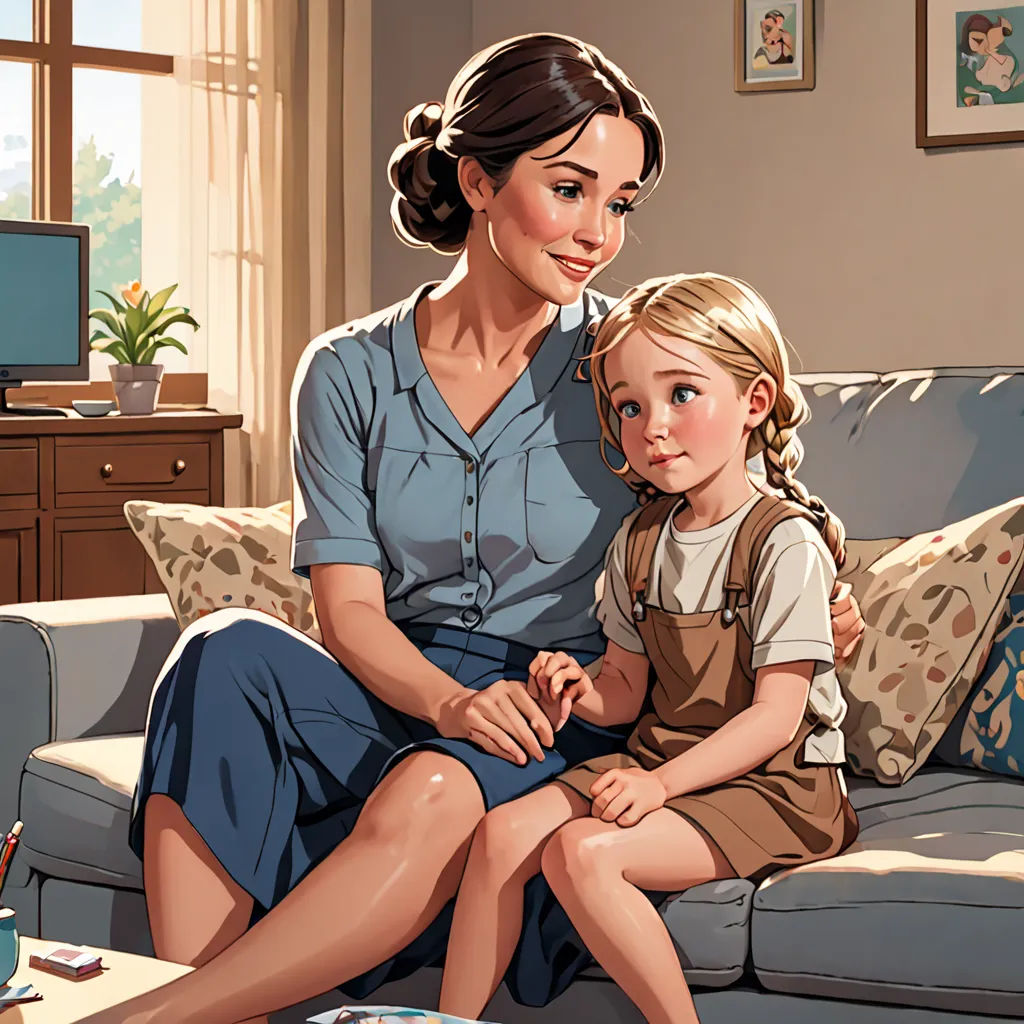 a woman and a child sitting on a couch in a living room together, with a painting of a woman holding a child, socialist realism, a storybook illustration, Colin Middleton, storybook illustration