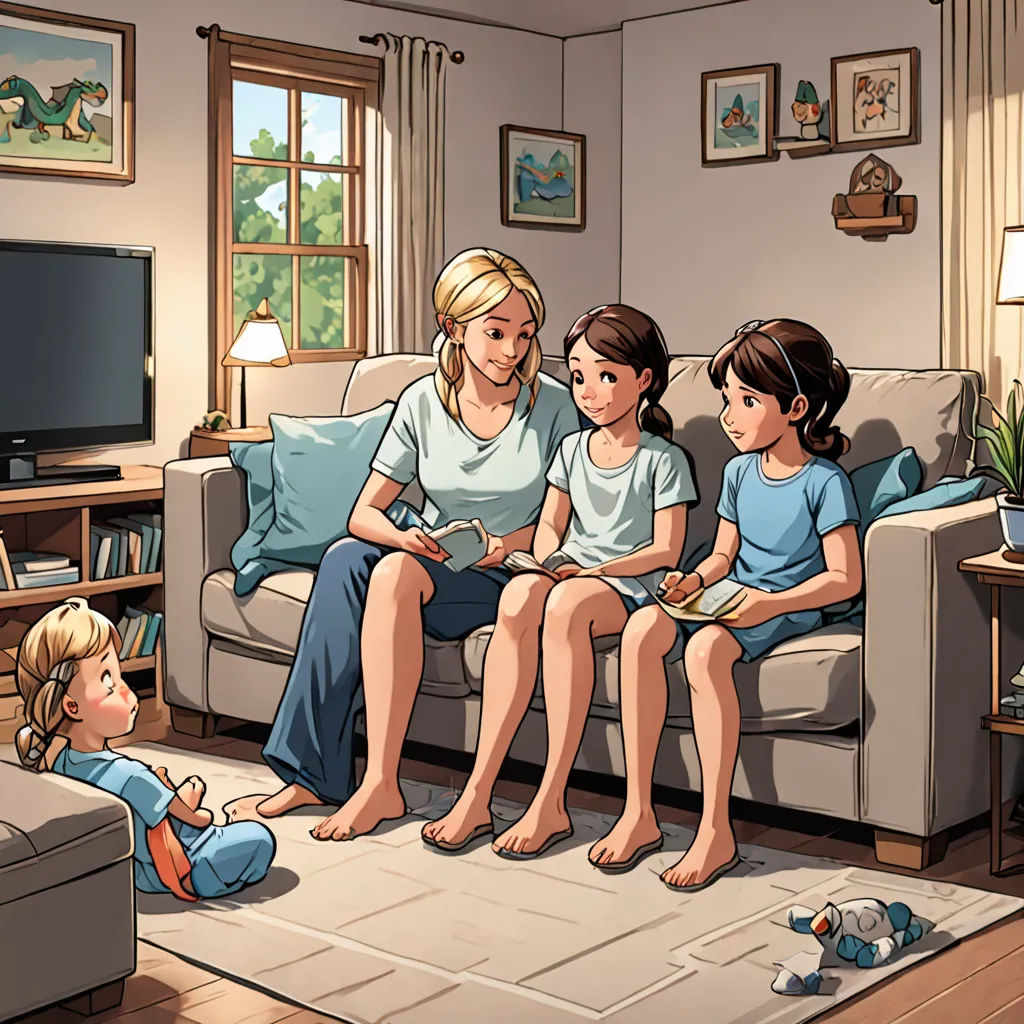 a woman and two children sitting on a couch in a living room with a tv and a couch in the background, american scene painting, a storybook illustration, F Scott Hess, storybook illustration