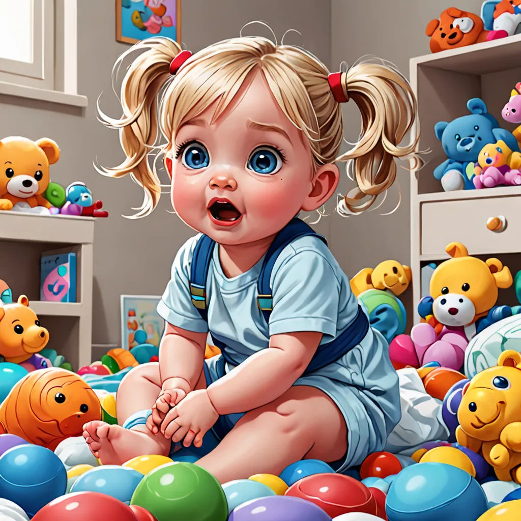 a baby girl sitting on the floor surrounded by teddy bears and balloons in a room with a window and a teddy bear shelf, photorealism, a detailed painting, Chris Rallis, highly detailed digital painting