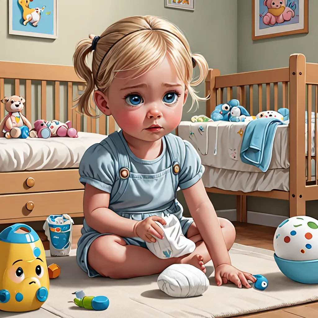 a painting of a baby girl sitting on the floor with toys around her and a teddy bear on the floor, photorealism, an ultrafine detailed painting, Alejandro Burdisio, highly detailed digital painting