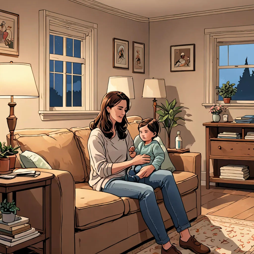 a woman sitting on a couch holding a child in her lap and a lamp on the side of the couch, american scene painting, a comic book panel, Chris Ware, storybook illustration