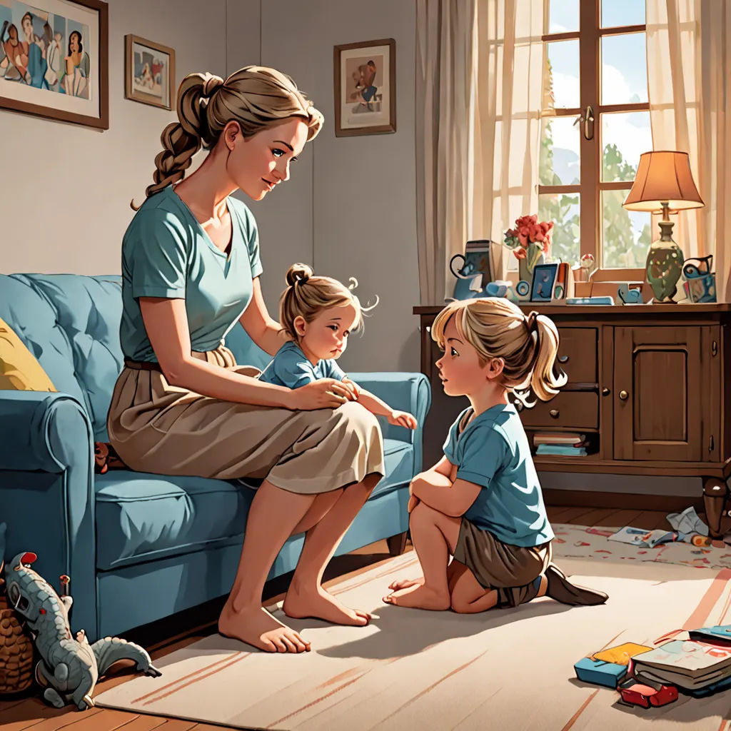 a woman and two children sitting on a couch in a living room with a blue couch and a blue chair, american scene painting, a storybook illustration, Brothers Hildebrandt, official art