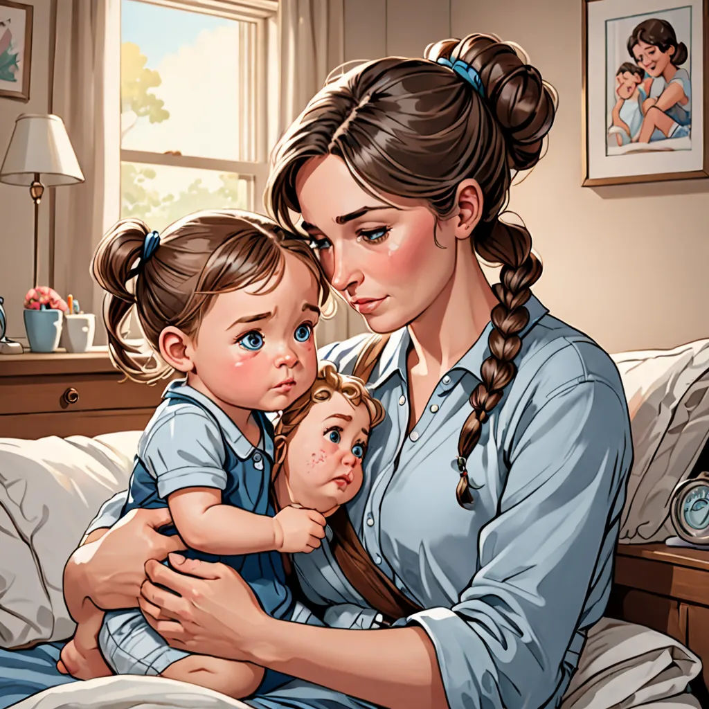 a woman holding a baby while sitting on a bed with a child in her lap and a picture of a woman holding a baby, photorealism, a storybook illustration, Brothers Hildebrandt, high detail illustration