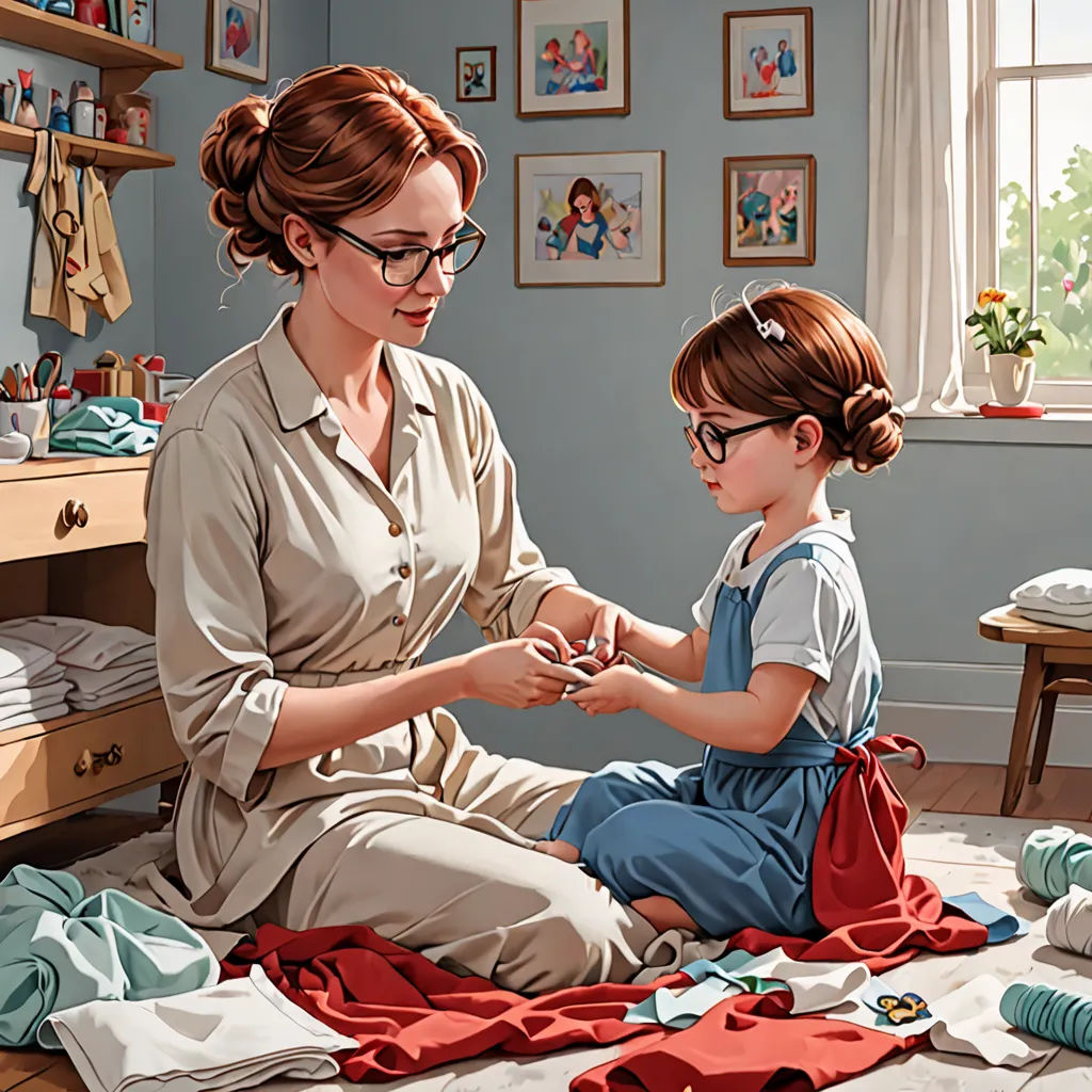 a woman and a child are sitting on the floor together and sewing clothes on the floor in a room, american scene painting, a storybook illustration, Anne Said, official art