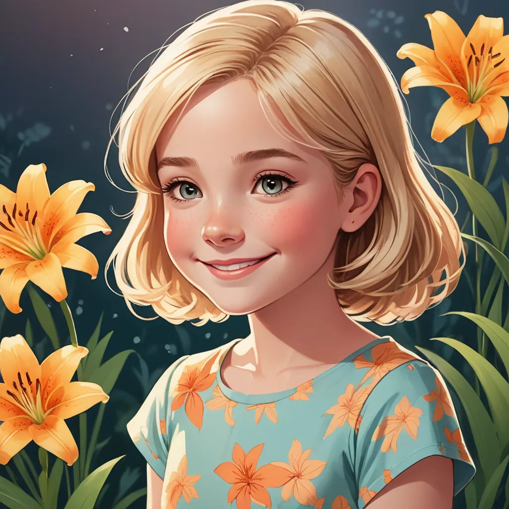 a digital painting of a little girl in a flowery dress smiling at the camera with yellow flowers in the background, naturalism, a character portrait, Cliff Childs, cgstudio