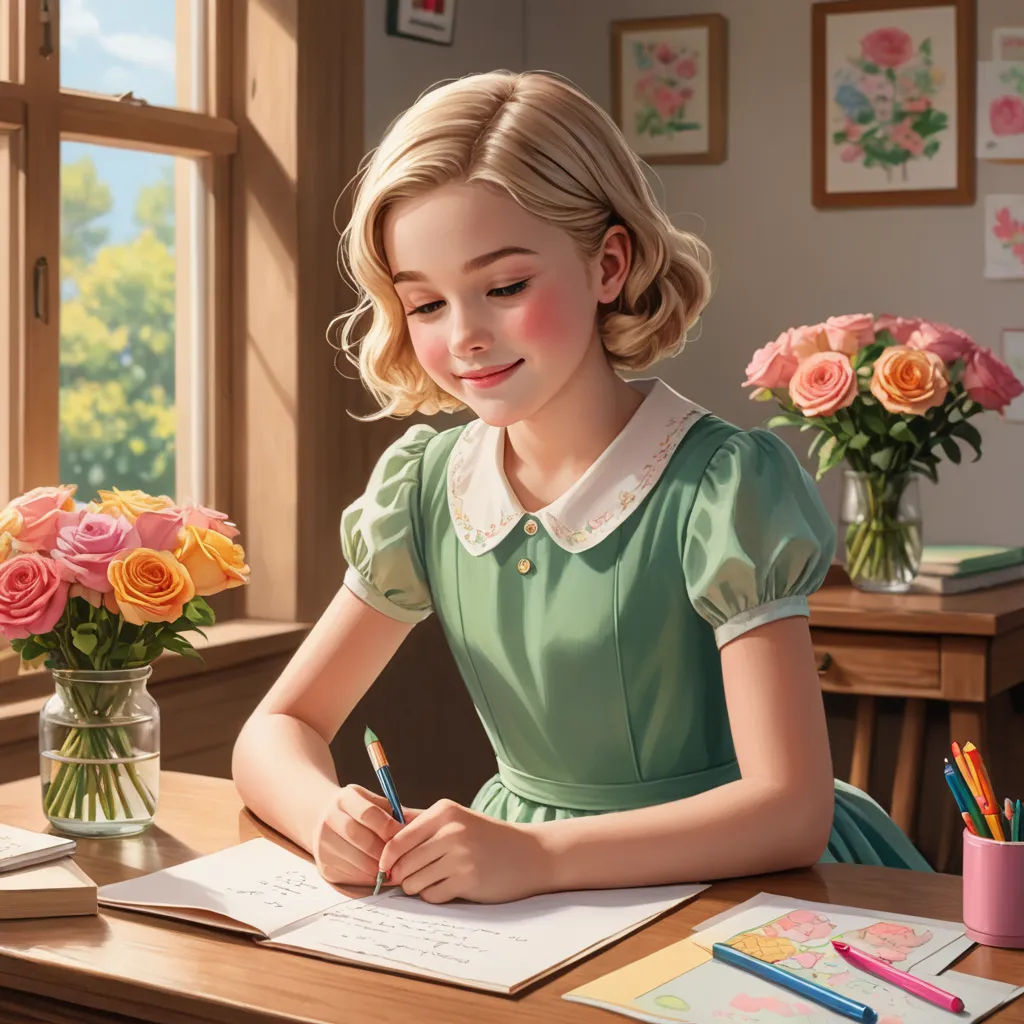 a painting of a girl writing on a desk with flowers in a vase and a book on the table, american scene painting, a storybook illustration, Constance Gordon-Cumming, ultra realistic illustration