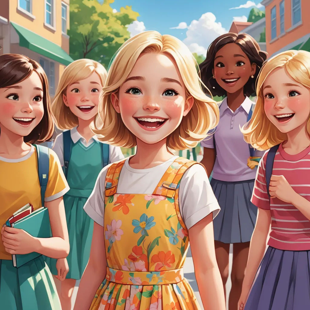 a group of children standing next to each other in front of a building with a building on the other side, american scene painting, a storybook illustration, disney, official art