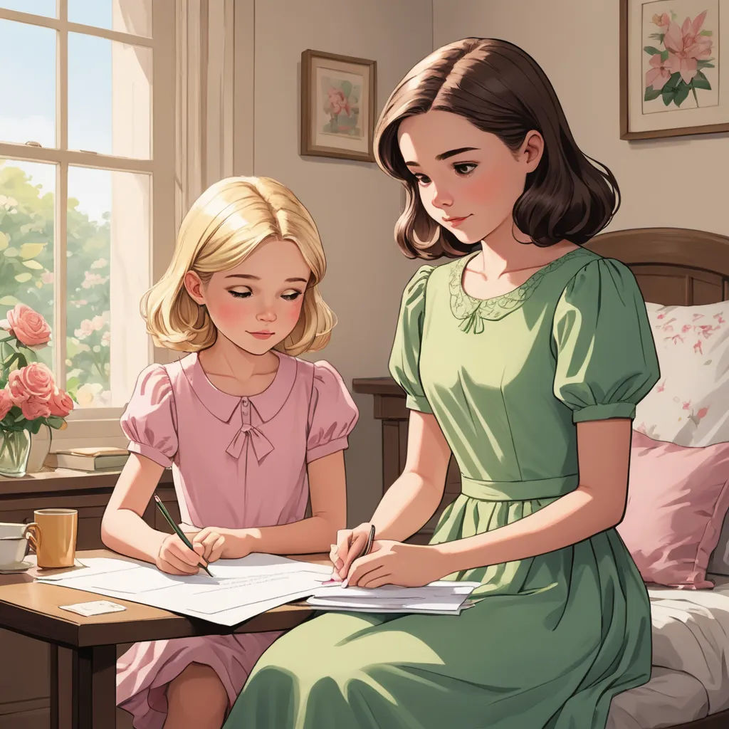 a girl and a girl sitting at a desk writing on a piece of paper with a cup of coffee, remodernism, a storybook illustration, Brothers Hildebrandt, official art