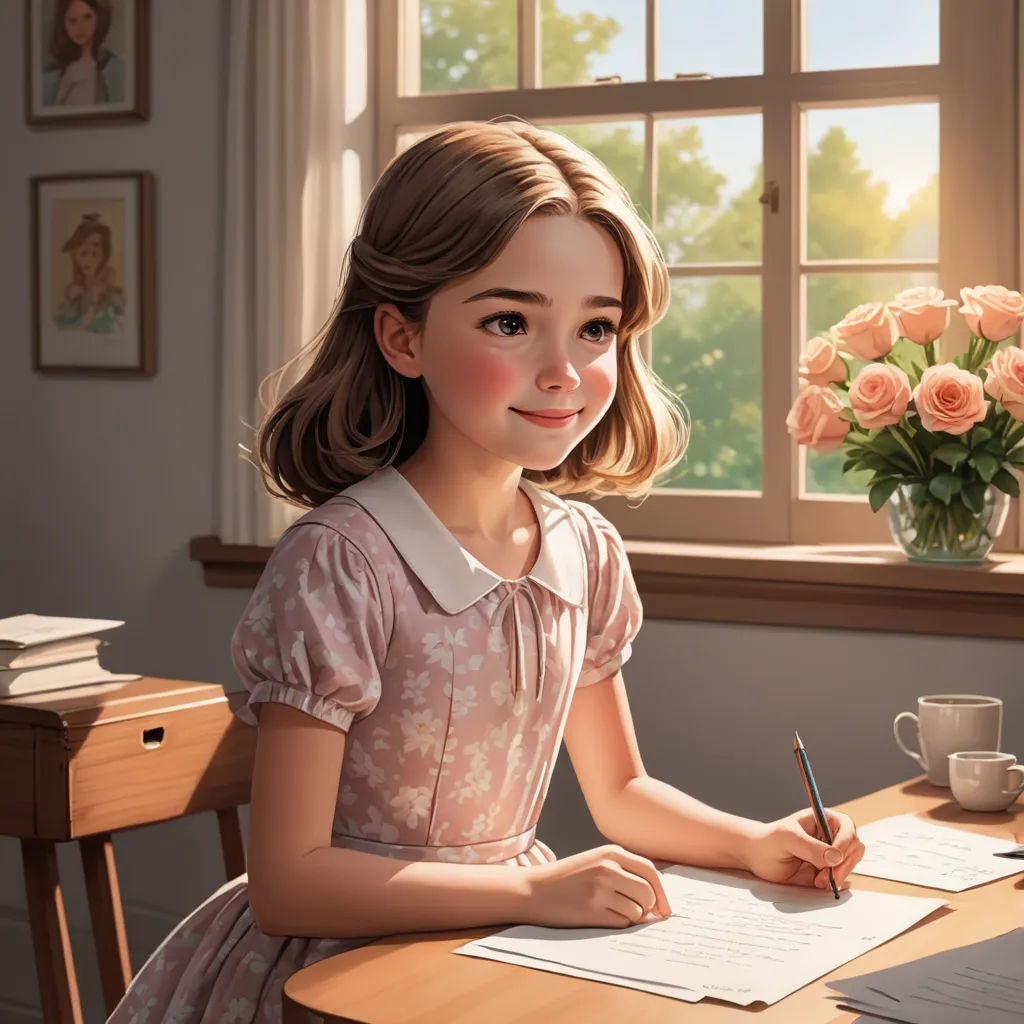 a painting of a girl sitting at a desk writing on a piece of paper with a vase of flowers in the background, american scene painting, a storybook illustration, Constance Gordon-Cumming, cgstudio