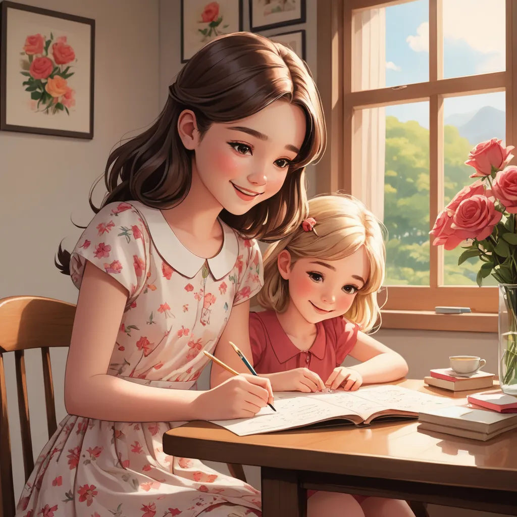 a painting of a mother and daughter doing homework together at a table with a vase of flowers in the background, american scene painting, a storybook illustration, Artgerm, storybook illustration