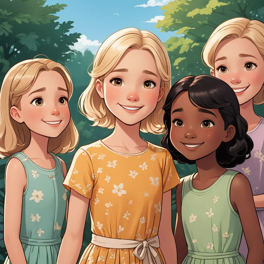 three girls standing next to each other in front of trees and bushes, one girl has her hand on the shoulder of the other girl, remodernism, a stock photo, Anne Said, official art