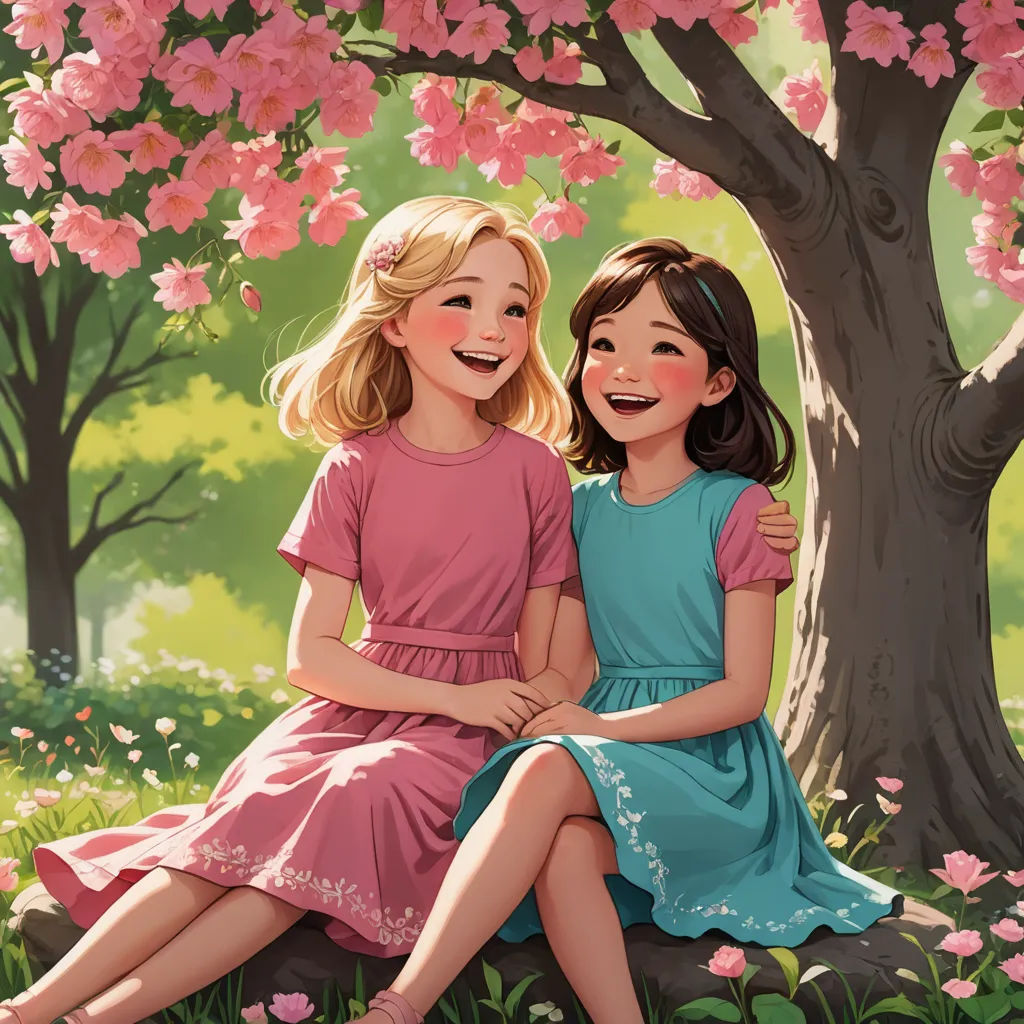 two girls sitting on a rock in a park under a tree with pink flowers on it and one girl smiling, american scene painting, a storybook illustration, Artgerm, official art