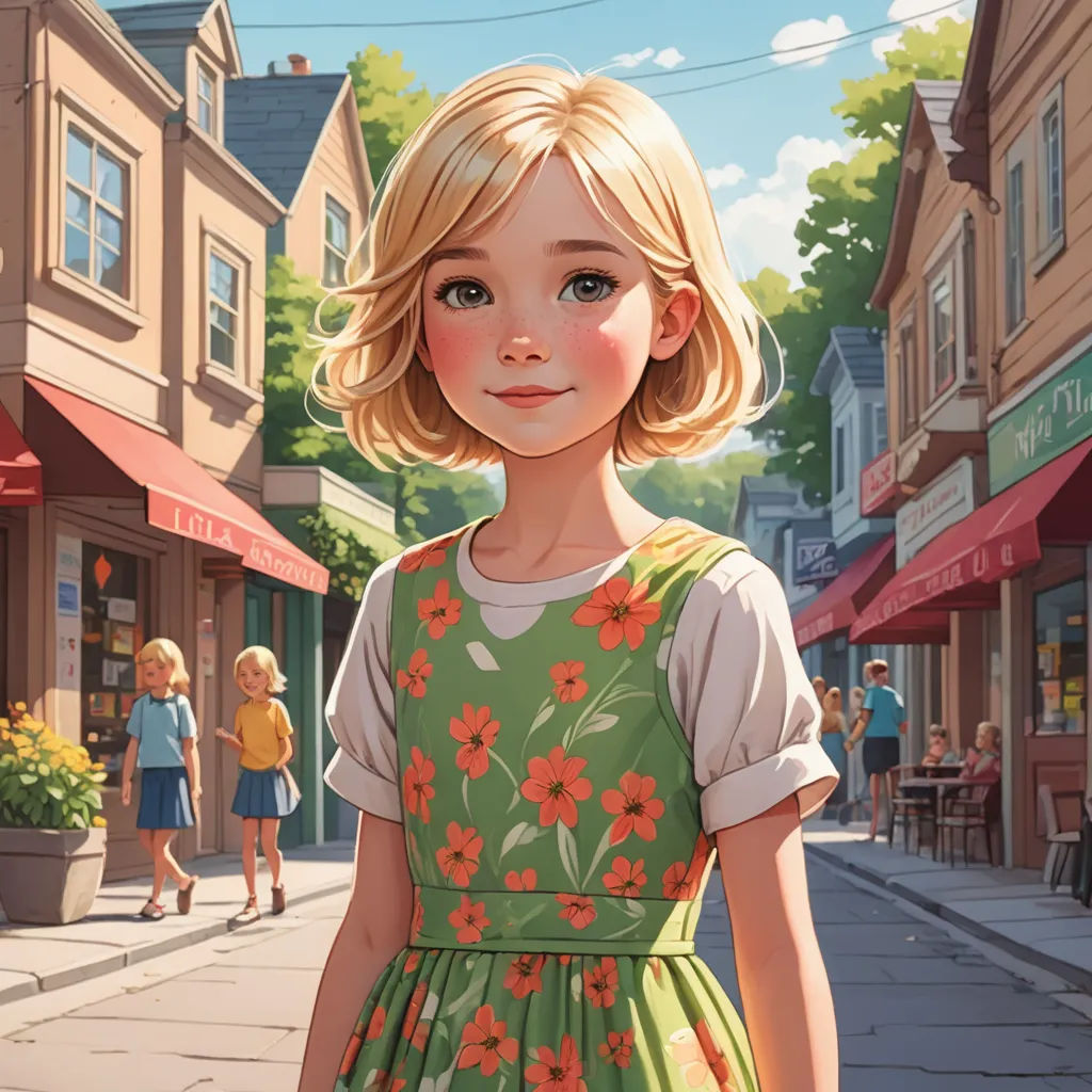 a painting of a girl in a green dress on a city street with a red flowered dress on, american scene painting, a storybook illustration, Constance Gordon-Cumming, cgstudio