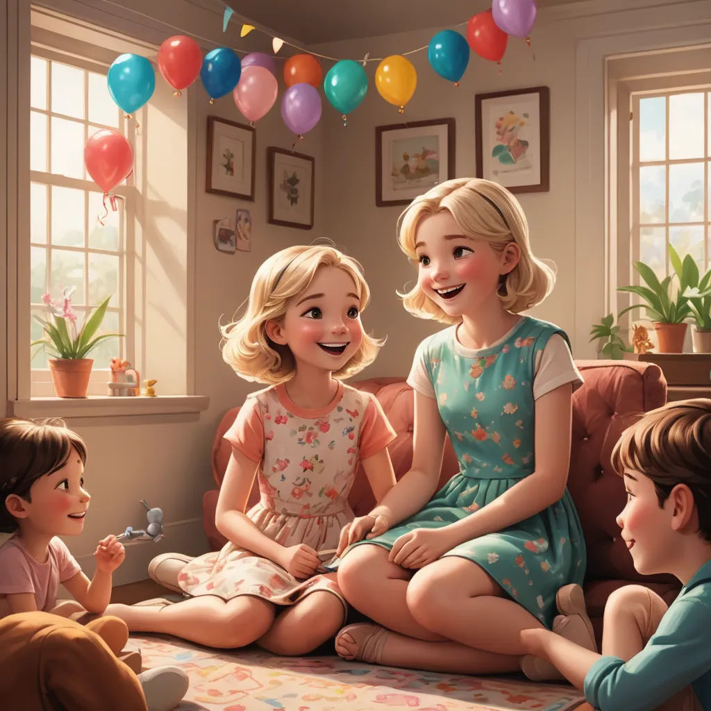 a painting of three girls sitting on a couch with a boy and girl talking to each other and balloons in the background, american scene painting, a storybook illustration, disney, official art