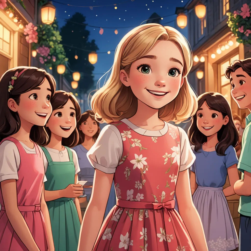 a cartoon of a girl in a pink dress surrounded by other children in a city at night with lanterns, kitsch movement, a storybook illustration, disney, kinkade
