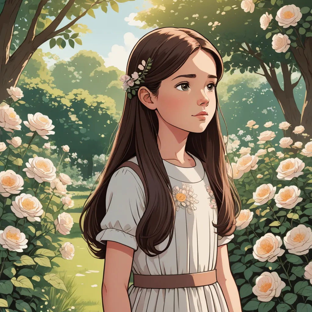 a girl in a white dress standing in a garden with roses on the ground and trees in the background, fantasy art, a storybook illustration, Cliff Childs, rossdraws global illumination