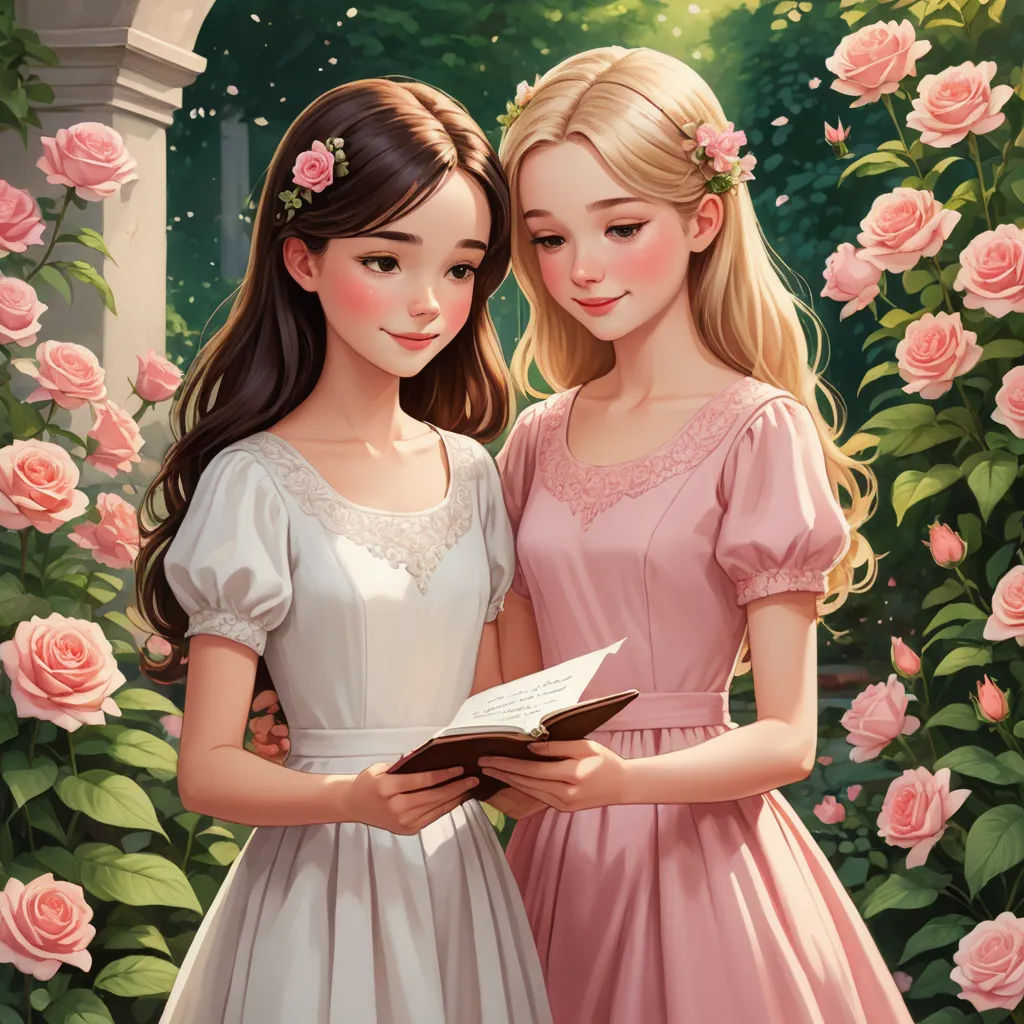 two girls are standing in front of a rose bush and reading a book together, with pink roses in the background, fantasy art, a storybook illustration, Artgerm, storybook illustration