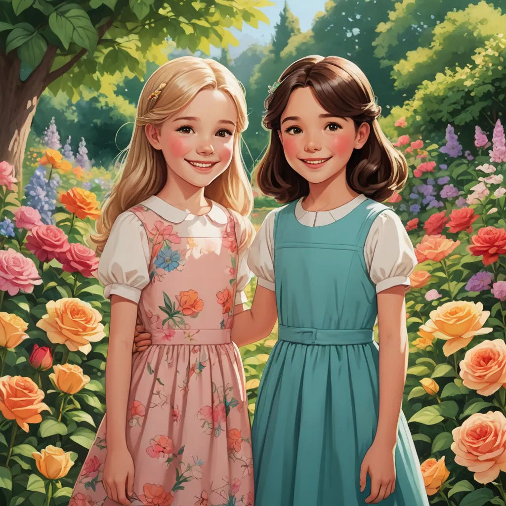 two girls standing in a garden with flowers and trees in the background, one of them is holding the hand of the other, american scene painting, a storybook illustration, Anne Said, official art