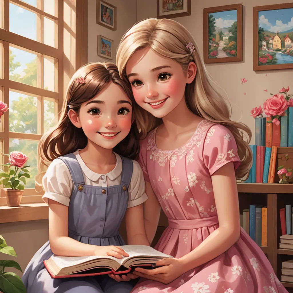 a painting of two girls sitting next to each other on a window sill with a book open in front of them, fantasy art, a storybook illustration, Artgerm, storybook illustration