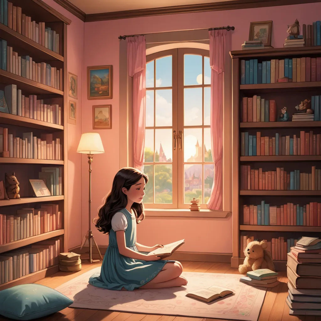 a girl sitting on the floor reading a book in a library with a window and bookshelves behind her, fantasy art, a storybook illustration, Chris LaBrooy, storybook illustration