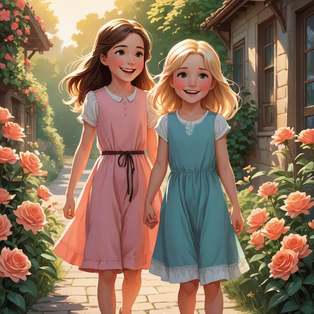 two girls are walking down a path with roses in the background and a house in the background with roses in the foreground, fantasy art, a storybook illustration, disney, official art
