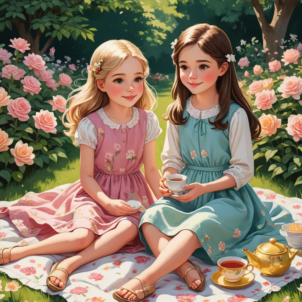 two girls sitting on a blanket in a garden with tea and roses around them, one of them is holding a cup, fantasy art, a storybook illustration, Bob Byerley, highly detailed digital painting