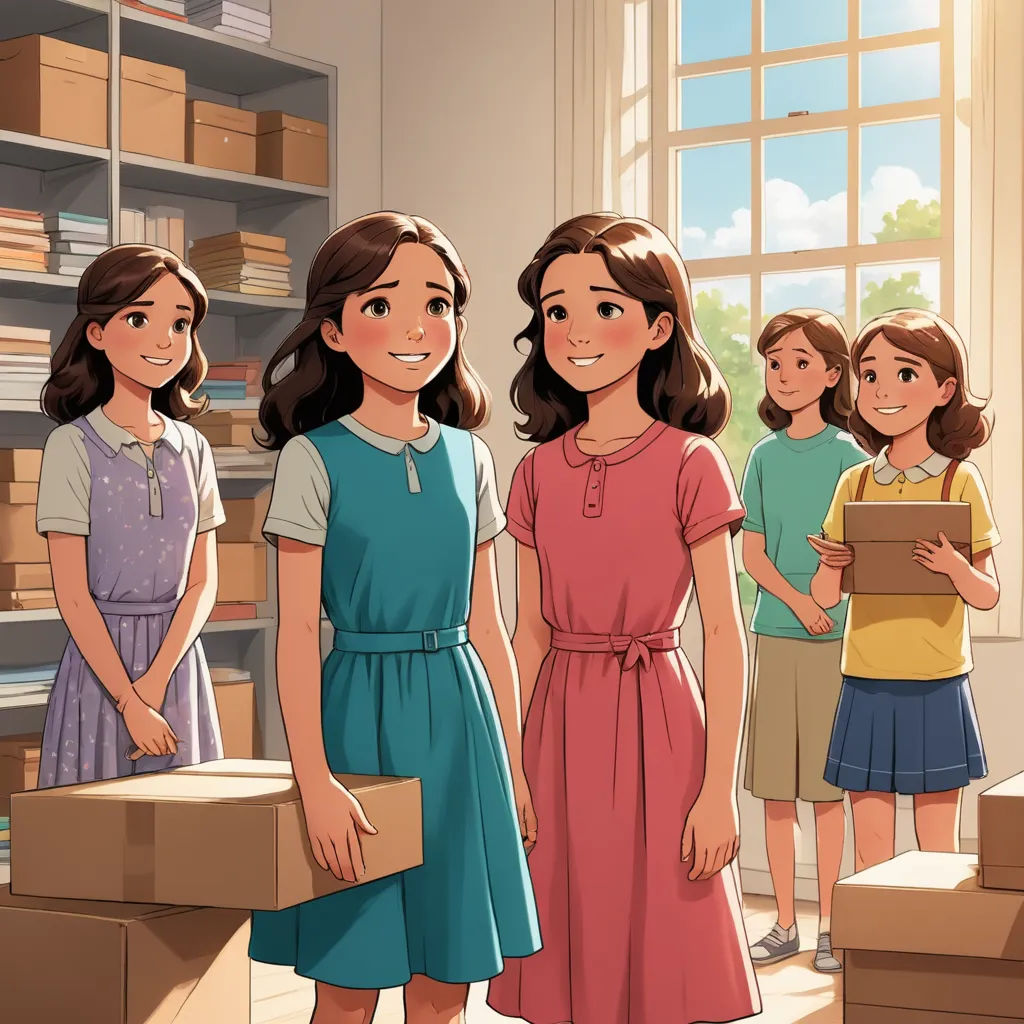 a group of girls standing in a room with boxes on the floor and boxes on the floor behind them, rayonism, a storybook illustration, Anne Said, official art