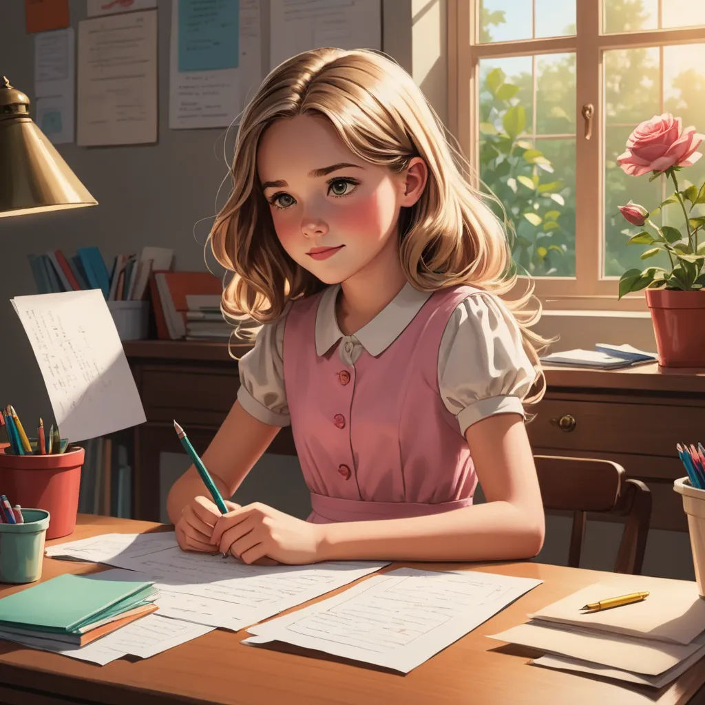 a painting of a girl sitting at a desk with a pen and paper in front of her and a flower pot, academic art, a detailed painting, Artgerm, trending on art station