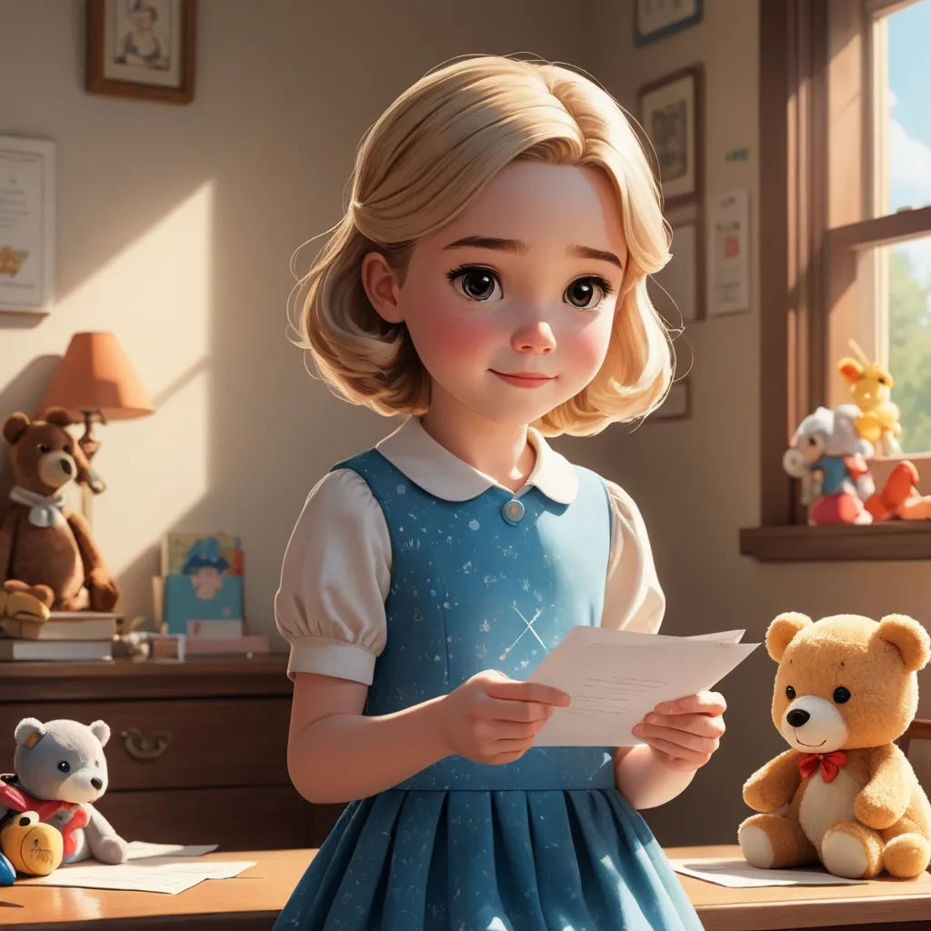 a little girl holding a piece of paper next to a teddy bear and a teddy bear on a desk, photorealism, a storybook illustration, Caroline Lucy Scott, rossdraws global illumination