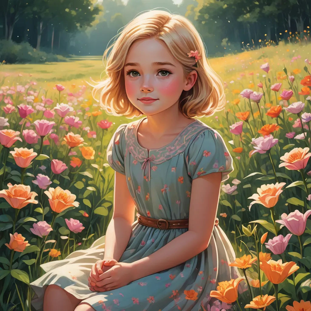 a painting of a little girl sitting in a field of flowers with a field of flowers in the background, fantasy art, a detailed painting, Aaron Jasinski, rossdraws global illumination