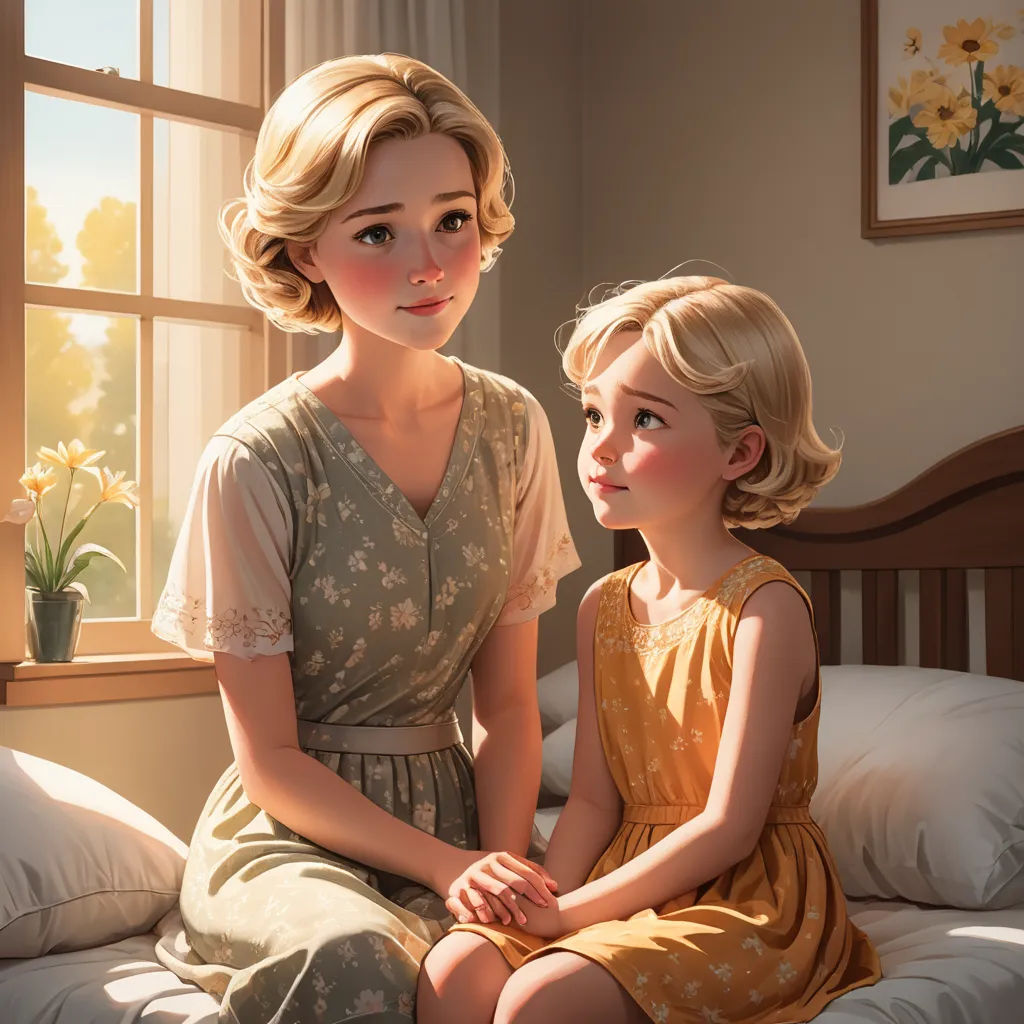 a painting of a mother and daughter sitting on a bed together, looking out the window at the sun, american scene painting, a comic book panel, disney, cgstudio