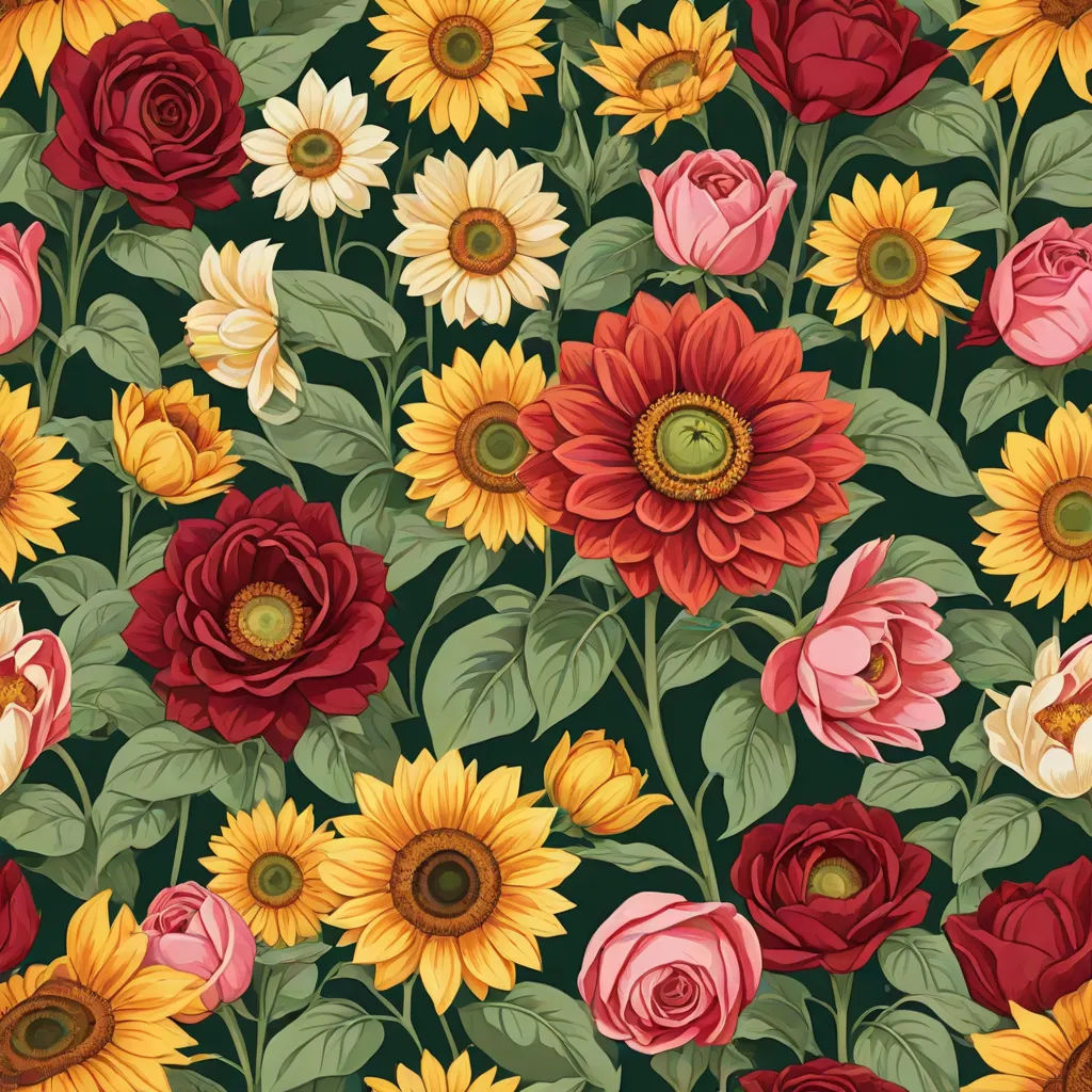 a bunch of flowers that are on a table cloth with a green background and a red and yellow flower, a flemish Baroque, Annabel Kidston, aestheticism, flowers