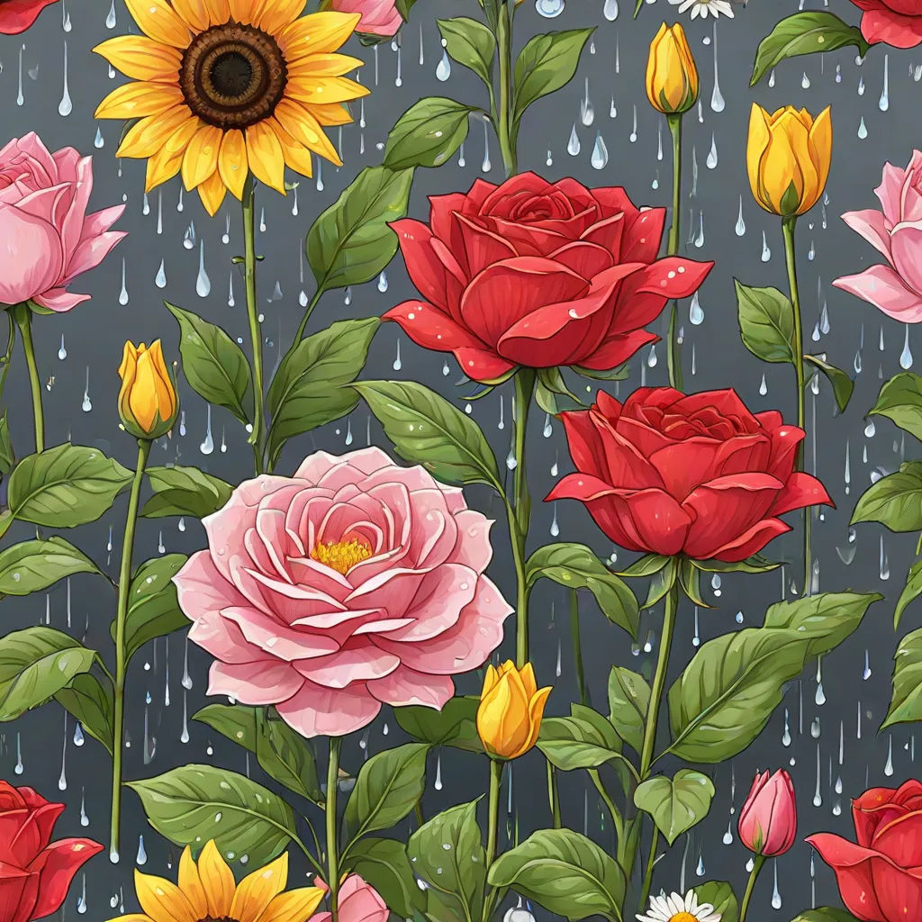 a painting of a bunch of flowers in the rain with rain drops on them and a black background with a sunflower and raindrops, a detailed painting, Annabel Kidston, folk art, flowers
