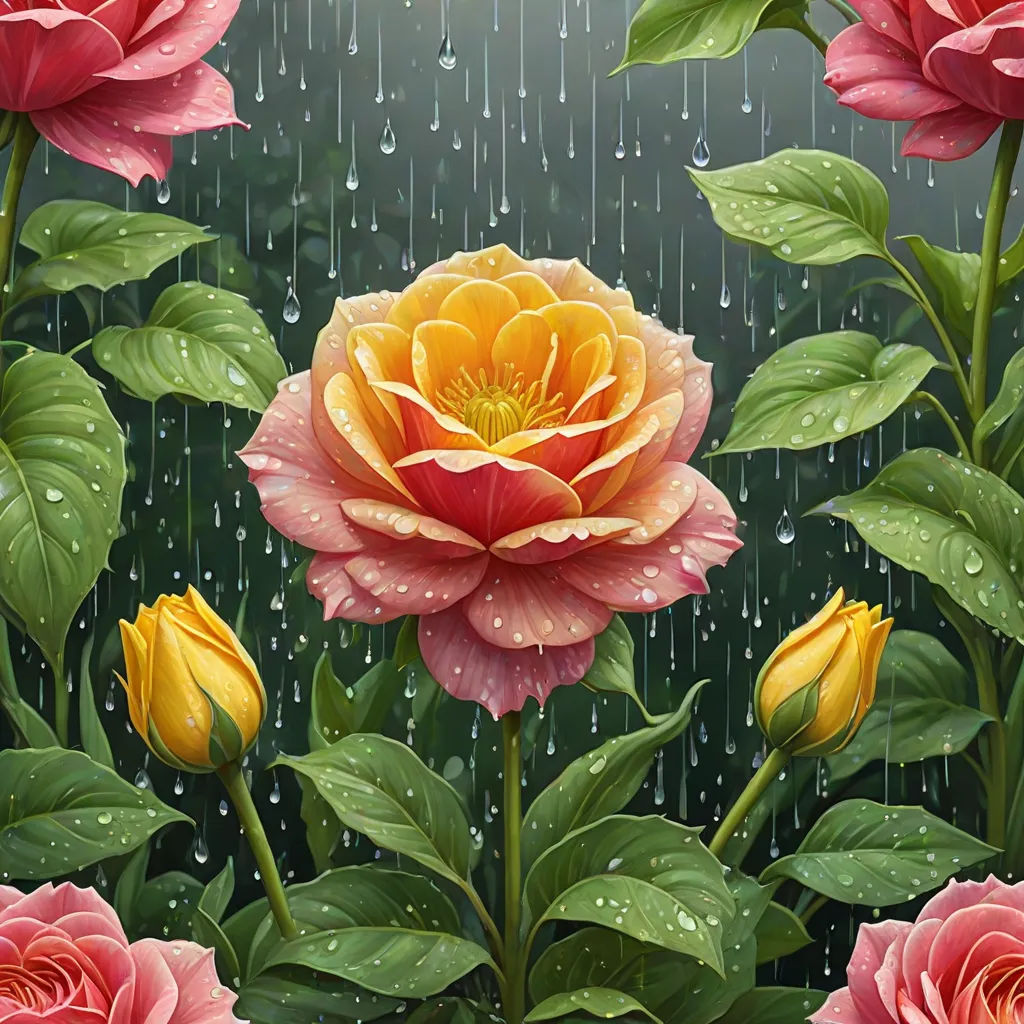 a painting of a flower with rain drops on it's petals and leaves and a green background with a red and yellow flower, a detailed painting, Anne Stokes, gothic art, highly detailed digital painting