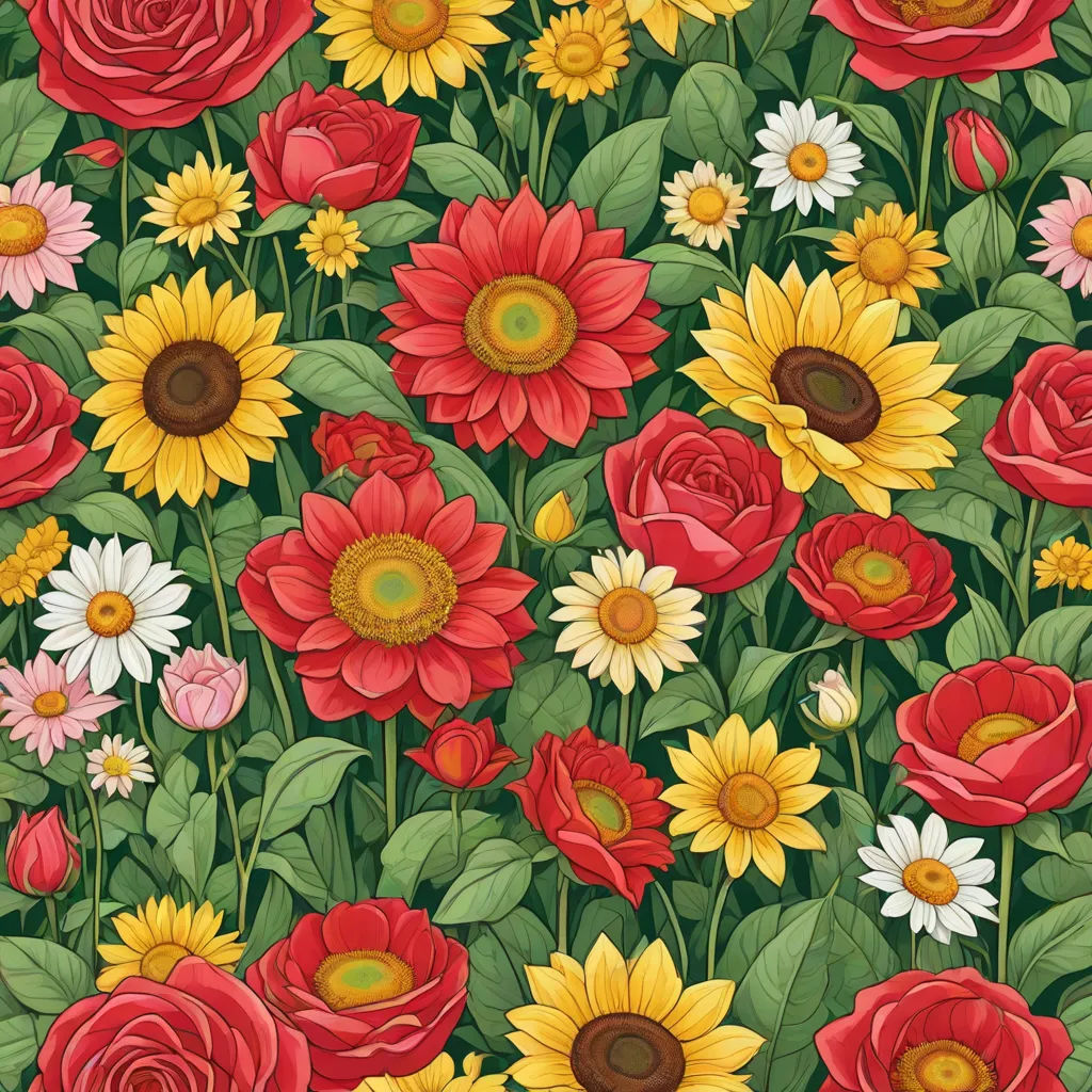 a bunch of flowers that are on a table cloth with a green background and a red rose and yellow flower, a detailed painting, Annabel Kidston, naive art, flowers