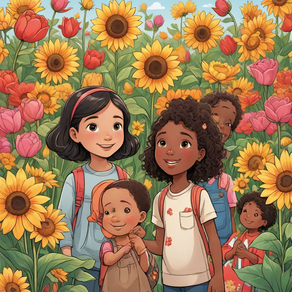 a group of children standing in a field of sunflowers with a sky background and a sky background, a storybook illustration, Elinor Proby Adams, serial art, comic cover art