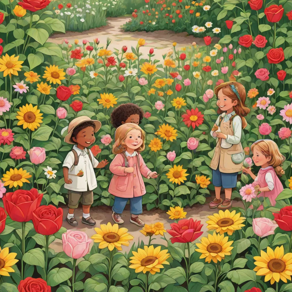 a painting of three children in a flower field with sunflowers and roses in the background and a path leading to a path, a storybook illustration, Claire Hummel, naive art, storybook illustration