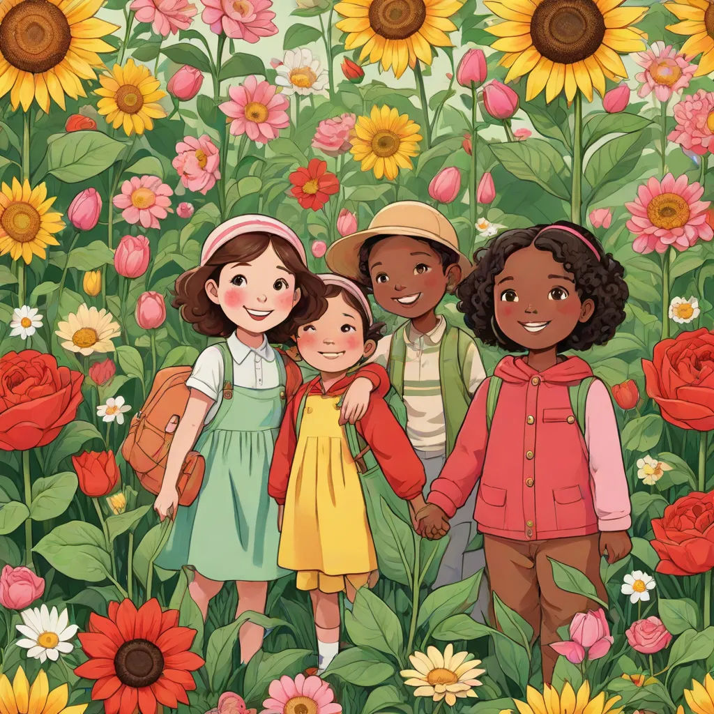 a group of children standing in a field of flowers and sunflowers with a sunflower in the background, a storybook illustration, Claire Hummel, magical realism, comic cover art