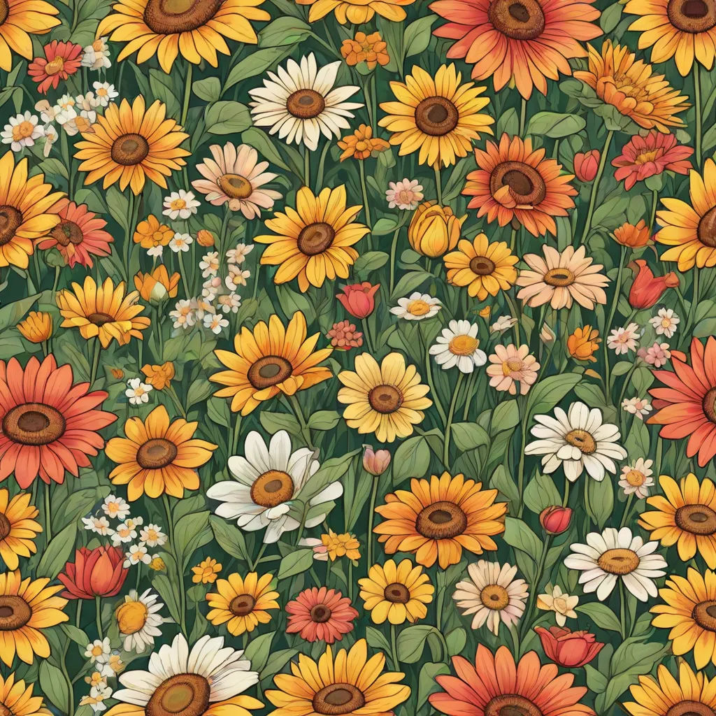 a field of sunflowers with a green background and a brown center piece in the center of the picture, a jigsaw puzzle, Annabel Kidston, psychedelic art, flowers