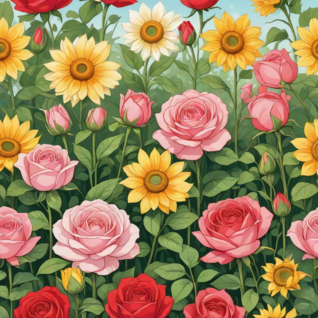 a painting of a field of flowers with sunflowers and roses in the background, with a blue sky, a detailed painting, Annabel Kidston, naive art, in gouache detailed paintings