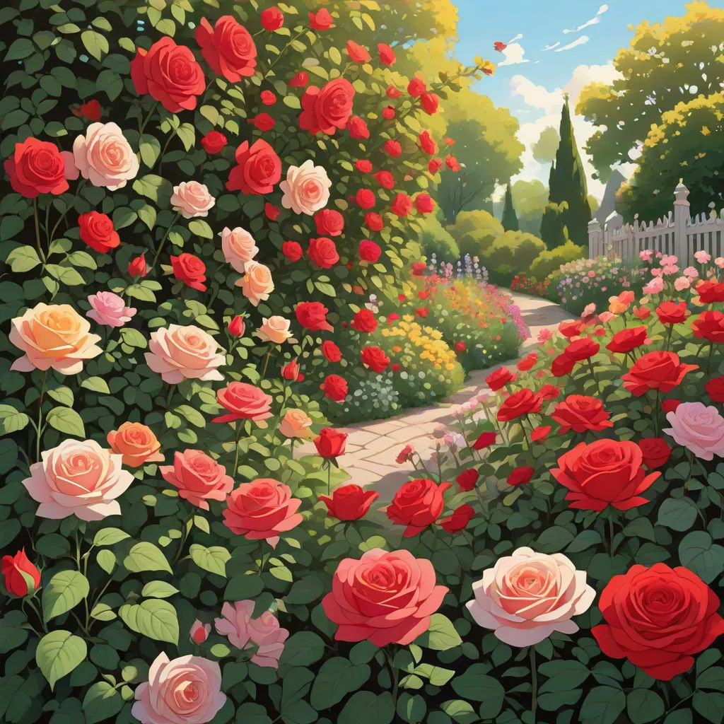 a painting of a garden with roses and a path leading to a white picket fence and a white picket fence, a detailed painting, Brothers Hildebrandt, american scene painting, kinkade
