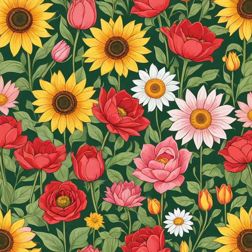 a bunch of flowers that are on a green background with red, yellow and white flowers on it and green leaves, a flemish Baroque, Annabel Kidston, folk art, flowers
