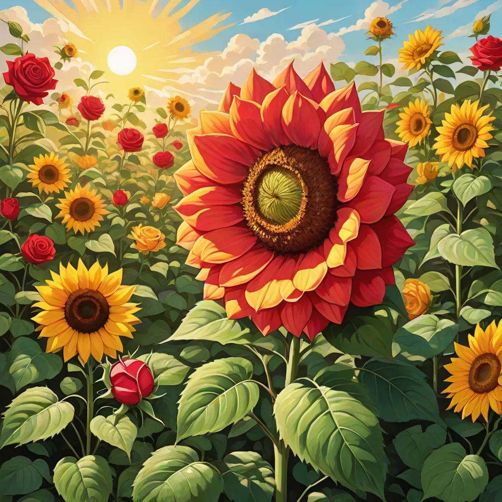 a painting of a sunflower in a field of flowers with a blue sky in the background and sun, a photorealistic painting, Chris LaBrooy, psychedelic art, rossdraws global illumination